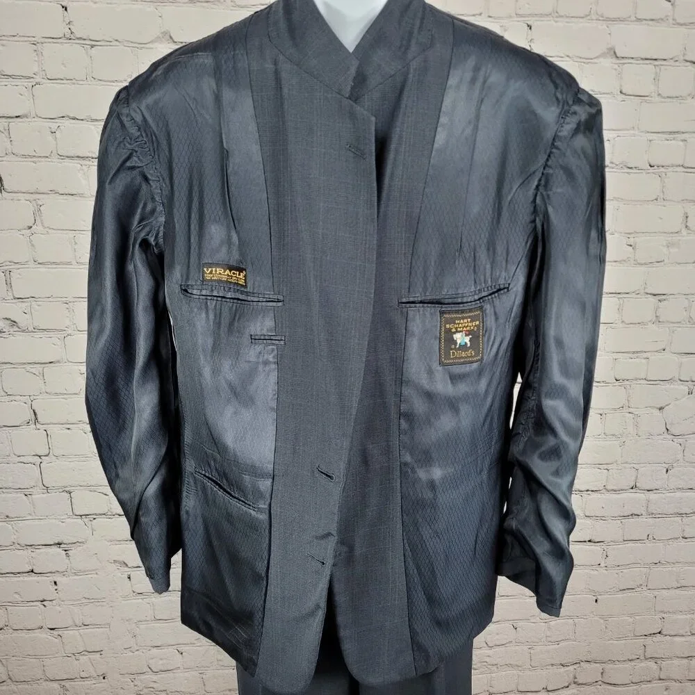 Hart Schaffner & Marx Blue Check Full Suit USA Made Jacket Size 42R Pants 34x31